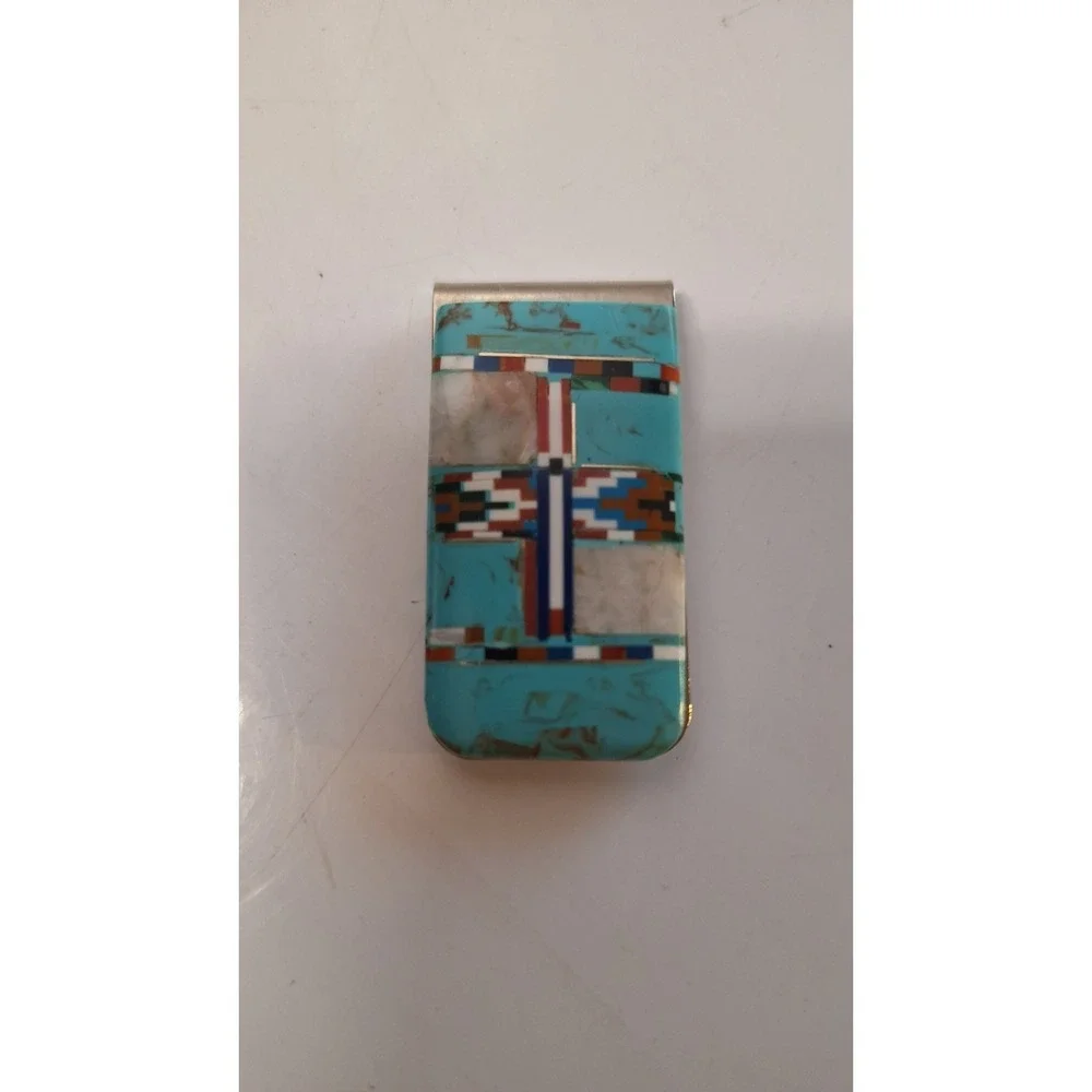 STERLING SILVER TURQUOISE MONEY CLIP NATIVE AMERICAN MULTI STONE INLAY